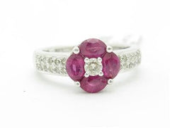 LIV 14k White Gold & Diamond Red Ruby Halo Marquee Design Solitaire Band Ring