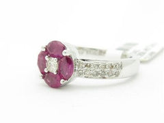 LIV 14k White Gold & Diamond Red Ruby Halo Marquee Design Solitaire Band Ring