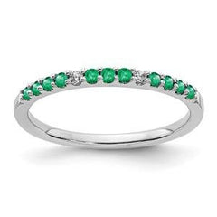 LIV 14k White Gold Pave Diamonds & Green Emeralds 2mm Wide Stackable Band Ring
