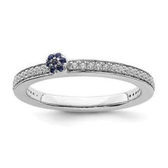LIV 14k White Gold Pave Diamonds & Blue Sapphire 2mm Wide Stackable Band Ring