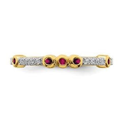 LIV 14k Yellow Gold Pave Diamonds & Halo Red Ruby 2mm Wide Stackable Band Ring