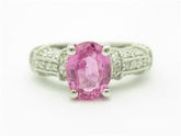 LIV 14k White Gold & Diamonds Pink Sapphire Oval Halo Pave Set Vintage Style Ring