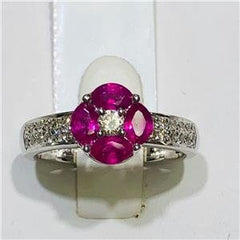LIV 14k White Gold & Diamonds 0.40ct Red Ruby 1.03ct Round Halo Band Ring