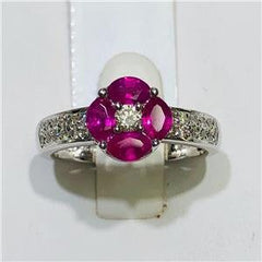 LIV 14k White Gold & Diamonds 0.40ct Red Ruby 1.03ct Round Halo Band Ring