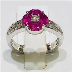 LIV 14k White Gold & Diamonds 0.40ct Red Ruby 1.03ct Round Halo Band Ring