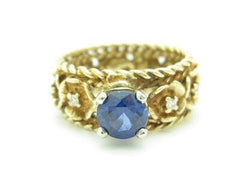 LIV 14k Yellow Gold Genuine Tanzanite & Diamond Eternity Flower Vintage Design Ring