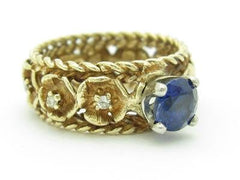 LIV 14k Yellow Gold Genuine Tanzanite & Diamond Eternity Flower Vintage Design Ring