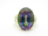 LIV 14k Solid Yellow Gold Genuine Diamond & Mystic Topaz Large Oval Shape Stone Ring