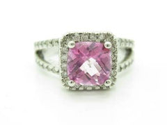 LIV 14KT White Gold Genuine White Diamond Pave Pink Sapphire Halo Split Shank Ring