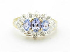 LIV 14k Solid Yellow Gold Tanzanite & Diamond 3 Stone Vintage Design Band Ring