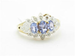 LIV 14k Solid Yellow Gold Tanzanite & Diamond 3 Stone Vintage Design Band Ring