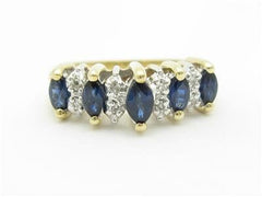 LIV 14k Solid Yellow Gold Genuine Blue Sapphire & Diamond Marquee Design Band Ring