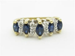 LIV 14k Solid Yellow Gold Genuine Blue Sapphire & Diamond Marquee Design Band Ring