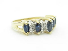 LIV 14k Solid Yellow Gold Genuine Blue Sapphire & Diamond Marquee Design Band Ring