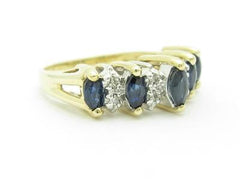 LIV 14k Solid Yellow Gold Genuine Blue Sapphire & Diamond Marquee Design Band Ring
