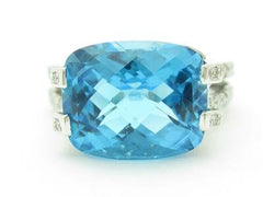 LIV 14kt White Gold Genuine Pave Diamond Large Blue Topaz Split Shank Design Ring