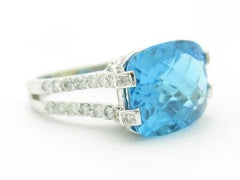 LIV 14kt White Gold Genuine Pave Diamond Large Blue Topaz Split Shank Design Ring