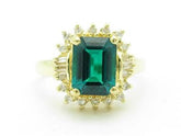 LIV 14k Solid Yellow Gold Simulated Green Emerald & Diamond Vintage Design Halo Ring