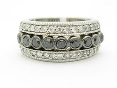 LIV 14kt White Gold Genuine White & Black Diamond Bezel Set Wide Band Pave Ring Gift