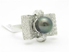 LIV 14kt White Gold Genuine White Diamond Black Tahitian Pearl Art Deco Ring Gift