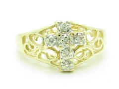 LIV 14KT Yellow Gold Genuine White Diamond Pave Set Cross Design Faith Ring New
