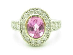 LIV 14KT White Gold Genuine White Diamond Pave Pink Sapphire Halo Vintage Design Ring