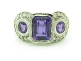 LIV 14KT White Gold Genuine White Diamond Pave 3 Stone Purple Amethyst Vintage Design Ring