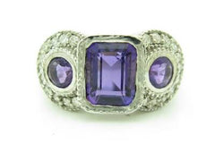 LIV 14KT White Gold Genuine White Diamond Pave 3 Stone Purple Amethyst Vintage Design Ring