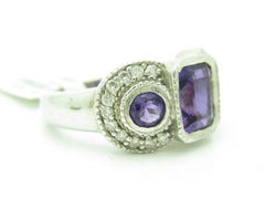 LIV 14KT White Gold Genuine White Diamond Pave 3 Stone Purple Amethyst Vintage Design Ring