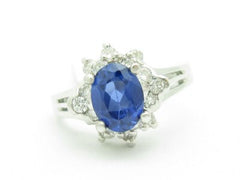 LIV 14KT Solid White Gold Genuine White Diamond & Blue Sapphire Ring New