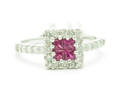 LIV 18KT Solid White Gold Genuine White Diamond & Red Ruby Halo Design Square Ring