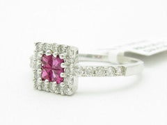 LIV 18KT Solid White Gold Genuine White Diamond & Red Ruby Halo Design Square Ring