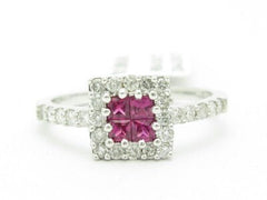 LIV 18KT Solid White Gold Genuine White Diamond & Red Ruby Halo Design Square Ring