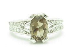 LIV 14KT Solid White Gold Genuine White Diamond & Smokey Topaz Solitaire Design Ring