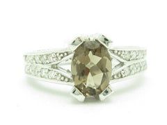 LIV 14KT Solid White Gold Genuine White Diamond & Smokey Topaz Solitaire Design Ring