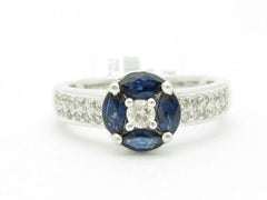 LIV 14KT Solid White Gold Genuine White Diamond & Blue Sapphire Halo Design Ring New