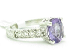 LIV 14KT White Gold Genuine Diamond & Purple Amethyst Vintage Design Band Ring