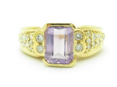 LIV Unique Solid 14K Yellow Gold Purple Amethyst Diamond Abstract Design Band Ring