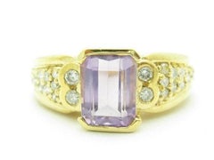 LIV Unique Solid 14K Yellow Gold Purple Amethyst Diamond Abstract Design Band Ring