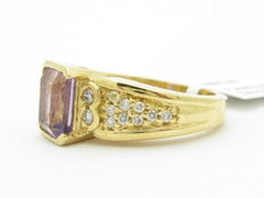 LIV Unique Solid 14K Yellow Gold Purple Amethyst Diamond Abstract Design Band Ring
