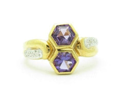 LIV Unique Solid 14KT Yellow Gold Purple Amethyst Diamond Abstract Design Band Ring