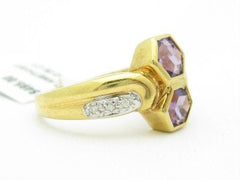 LIV Unique Solid 14KT Yellow Gold Purple Amethyst Diamond Abstract Design Band Ring