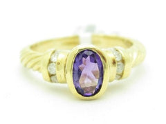 LIV Unique Solid 14KT Yellow Gold Amethyst & White Diamond Cable Design Halo Ring