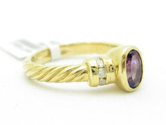 LIV Unique Solid 14KT Yellow Gold Amethyst & White Diamond Cable Design Halo Ring