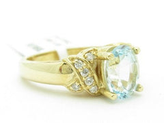 LIV Unique Solid 14KT Yellow Gold Genuine Blue Topaz White Diamond Cocktail Ring