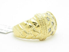 LIV Unique Solid 14KT Yellow Gold Genuine White Diamond Weave Design Wide Band Ring