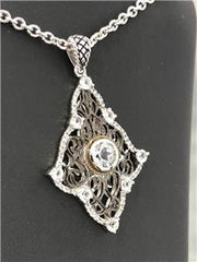 LIV 18k Yellow Gold Sterling Silver Natural White Topaz Vintage Cable Halo Pendant