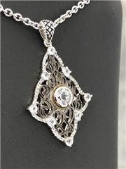 LIV 18k Yellow Gold Sterling Silver Natural White Topaz Vintage Cable Halo Pendant