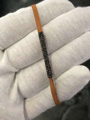 LIV Sterling Silver & Natural Diamonds Bar Design Pave Brown Leather Stack Bracelet Gift 7" L