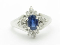 LIV 14k White Gold & Diamonds Genuine Blue Sapphire Princess Diana Design Ring Gift